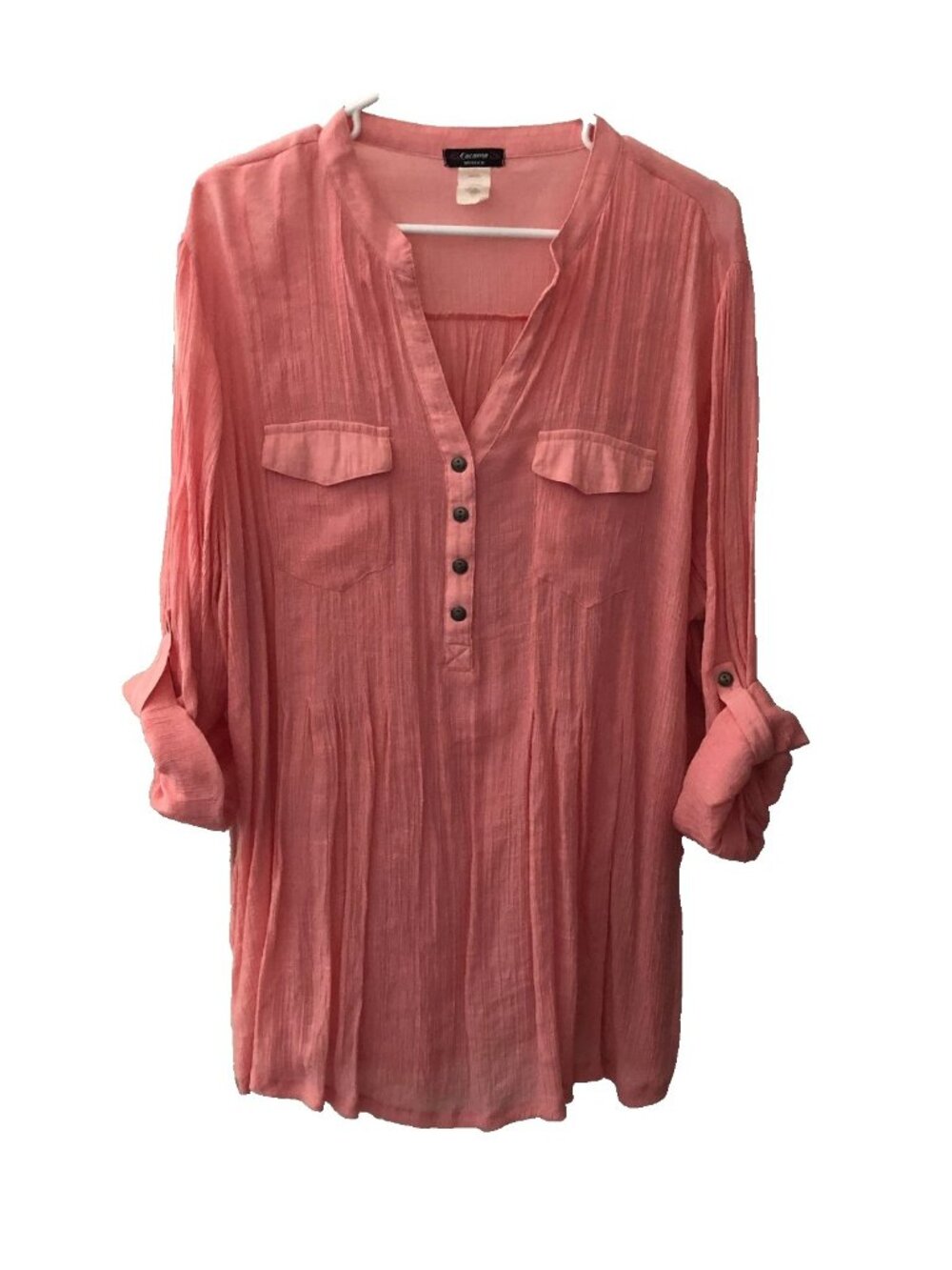 Cocomo Woman Sz 3X Pink Tunic Blouse w Long Roll Sleeves w Straps Pockets